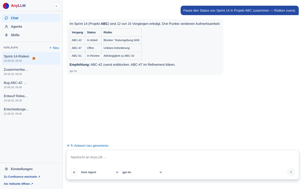 App-Seite in Jira mit ausgeklappter Seitenleiste, einer Unterhaltung und dem Eingabebereich