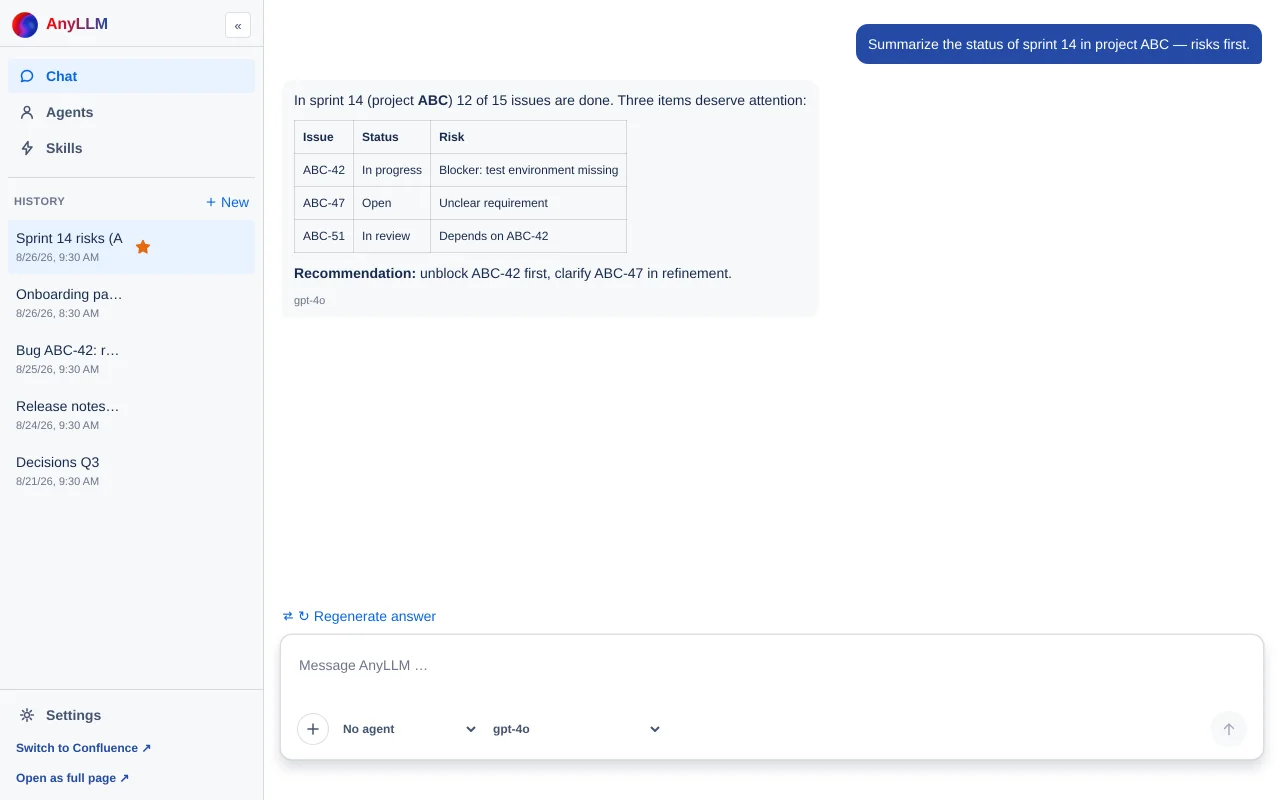 The fullscreen overlay "AnyLLM" on top of an issue, with the history sidebar