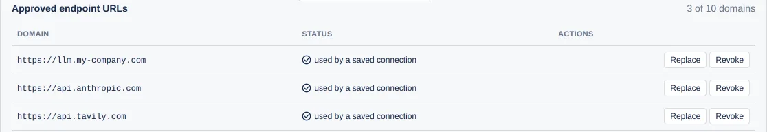 the "Approved endpoint URLs" table in the settings as the complete list of reachable addresses