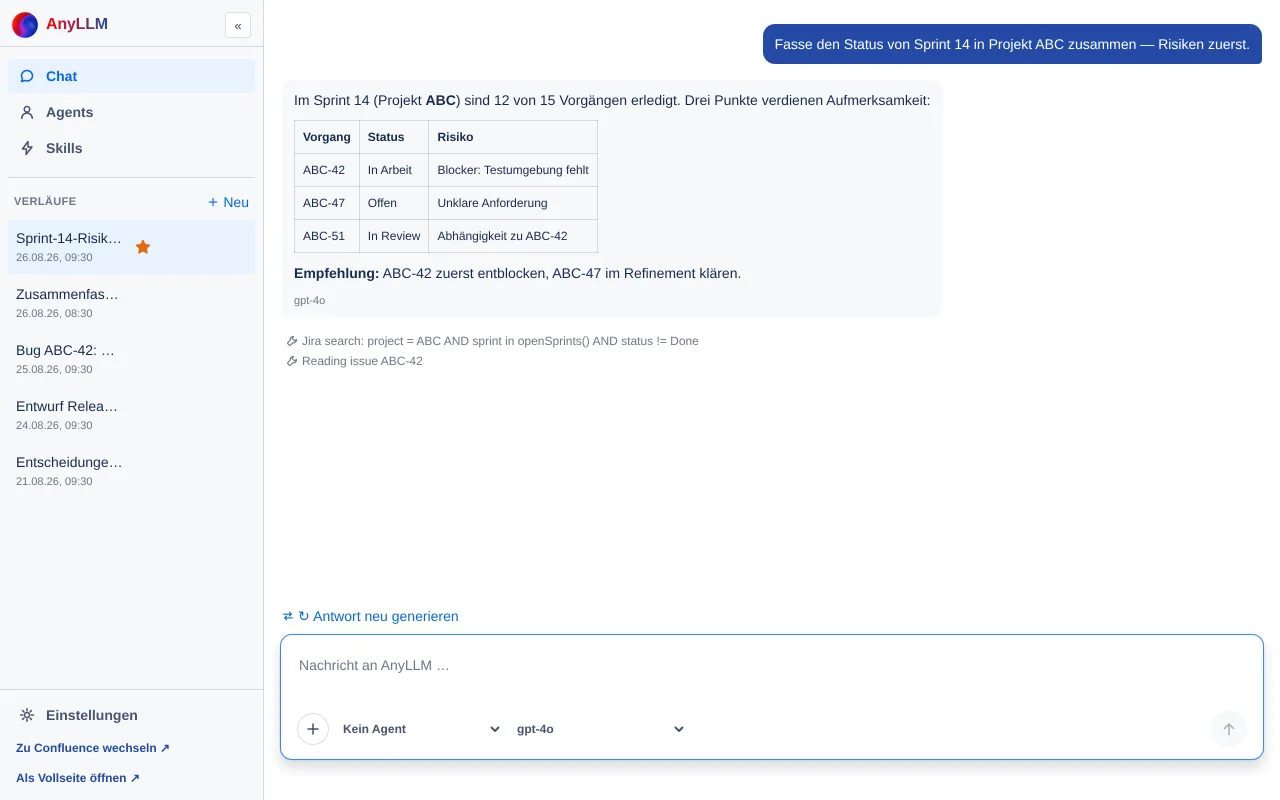 eine Antwort mit den Werkzeug-Zeilen „Jira search: …" und „Reading issue …" darüber