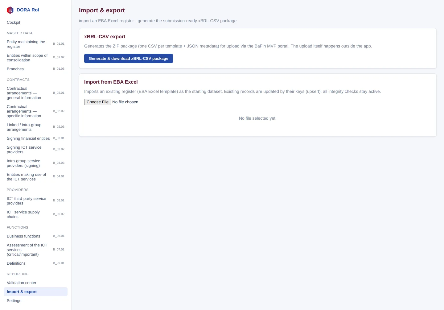 Import & export page with the cards xBRL-CSV export and Import from EBA Excel