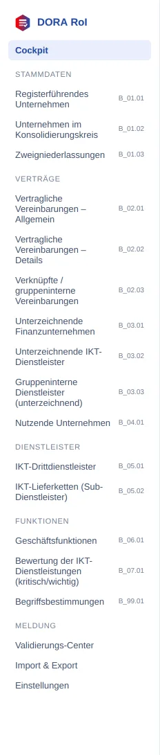 Navigationsleiste der App mit Cockpit, den vier Template-Gruppen und dem Bereich Meldung