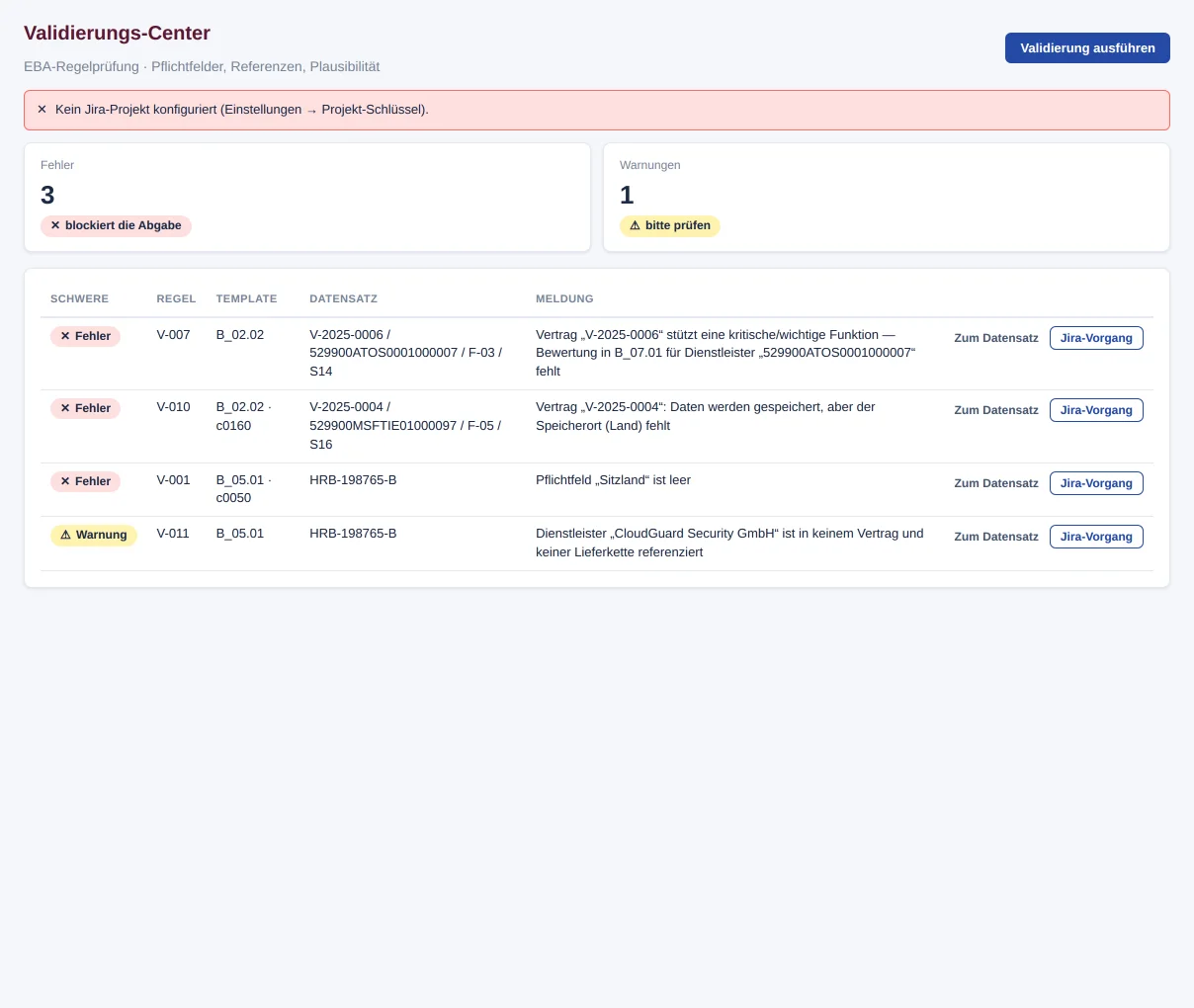 Jira-Aktion ohne konfigurierten Projekt-Schlüssel