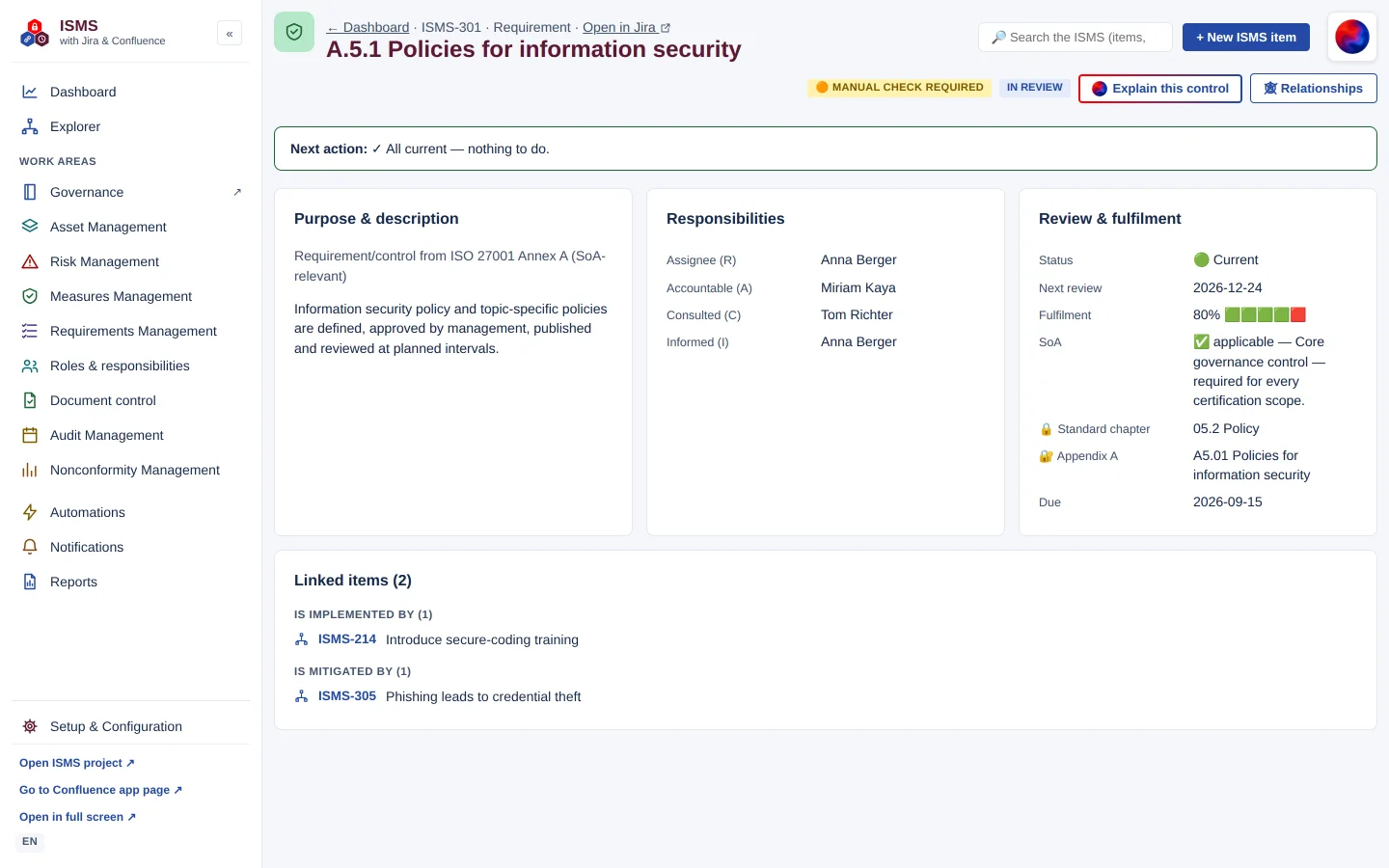 Control detail page with RACI owners, review status and fulfilment