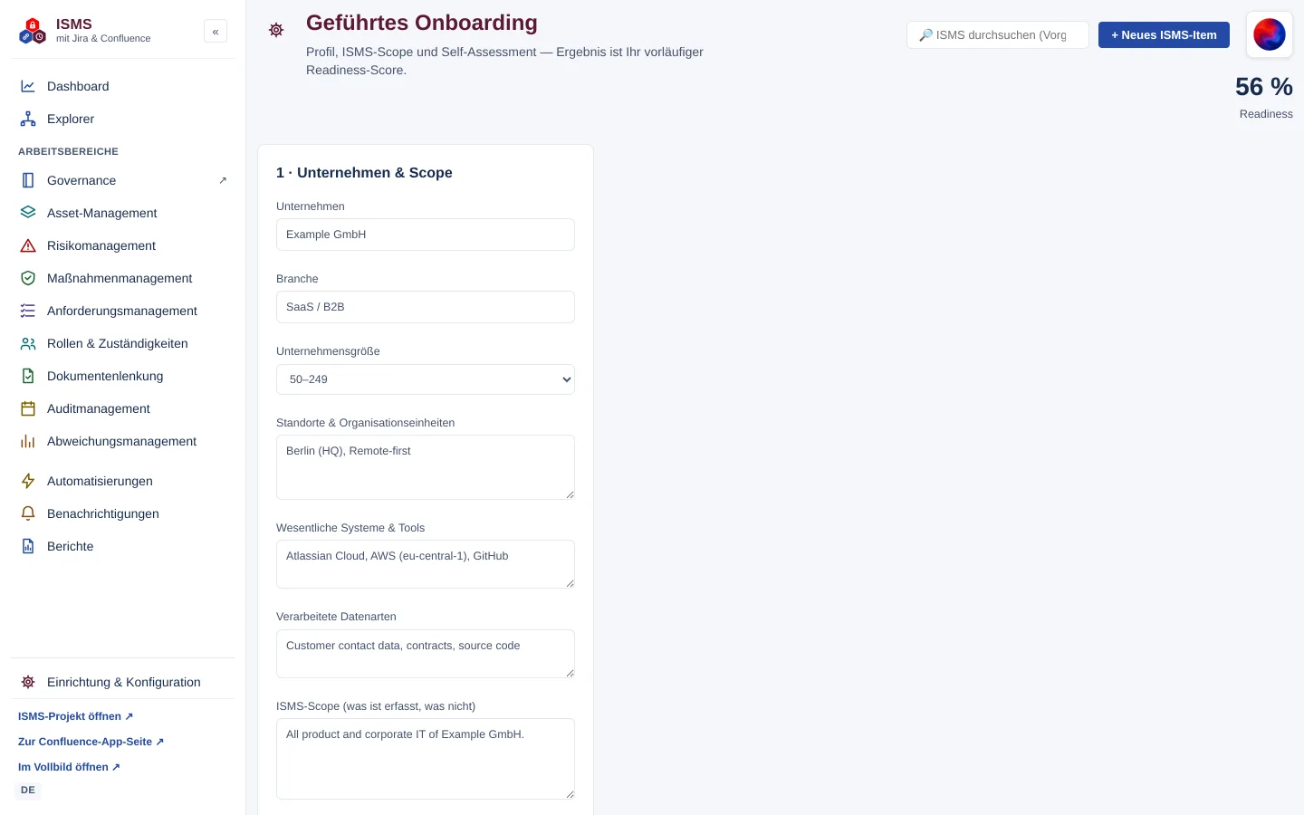 Guided onboarding with profile, ISMS scope and self-assessment