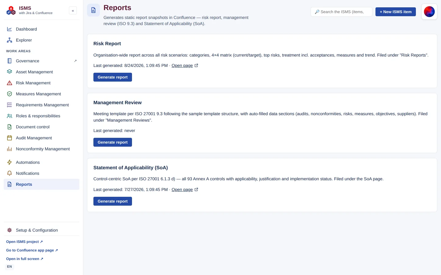 Reports page with Risk Report, Management Review and Statement of Applicability