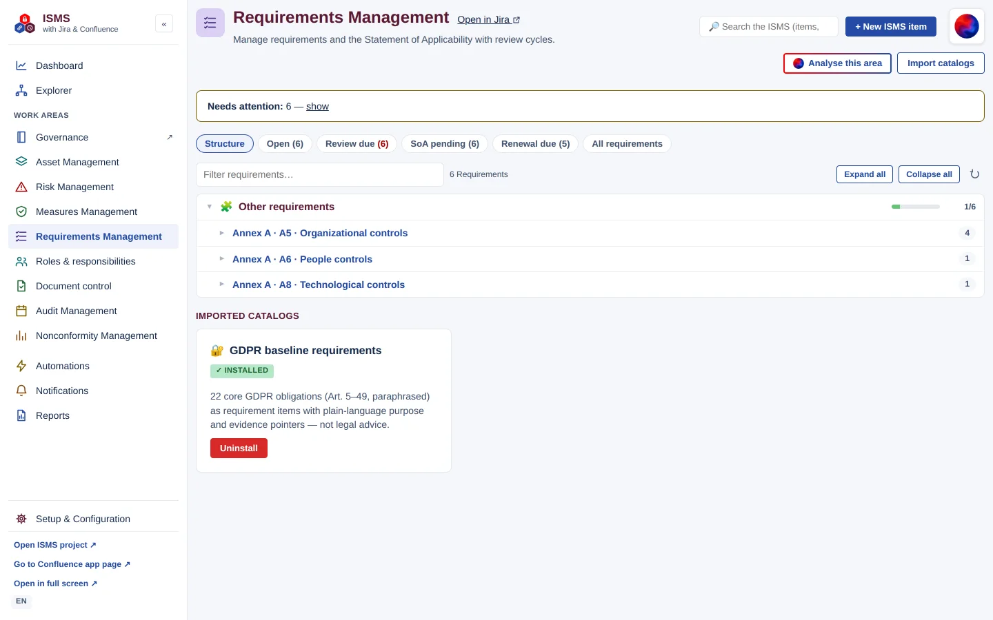 Requirements Management work area structured by ISO clauses and Annex A
