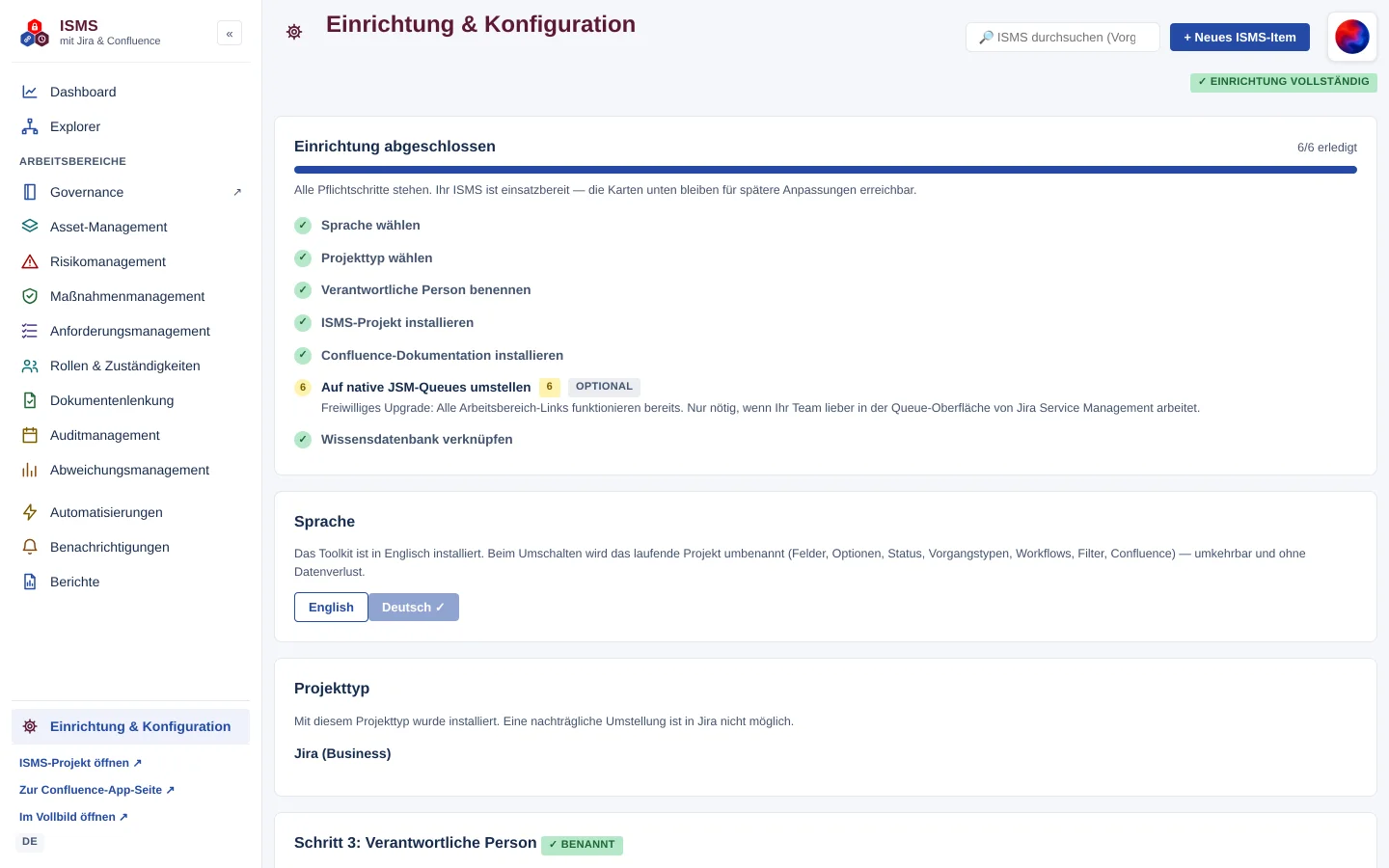 Setup & Configuration of the ISMS app with language selection, project type and installation progress